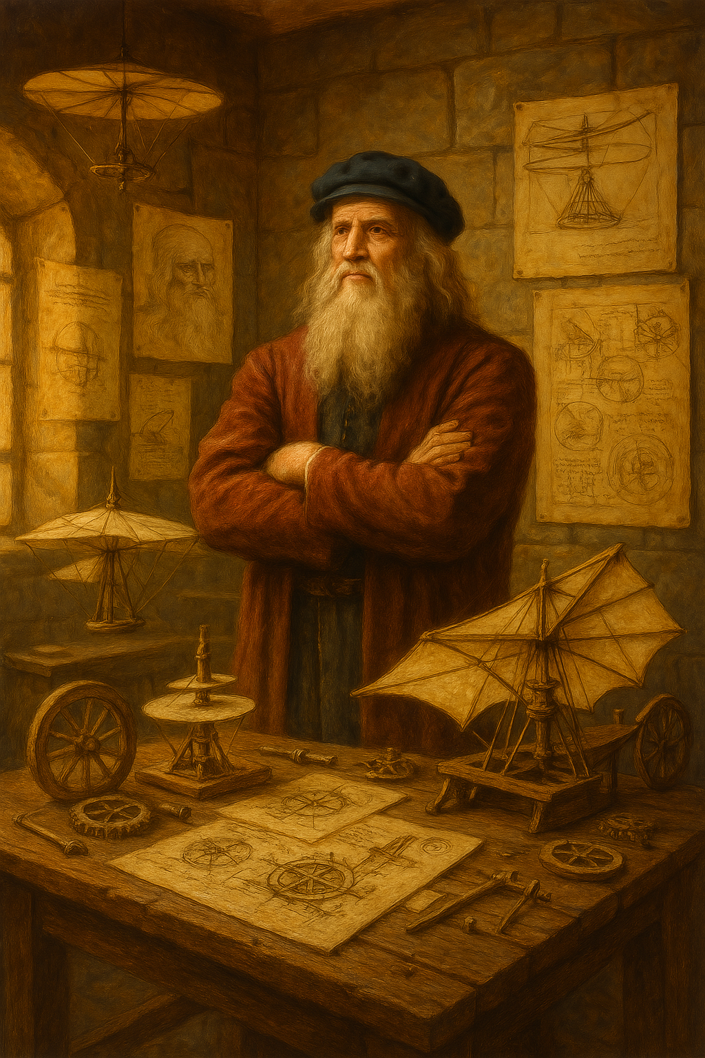Leonardo Da Vinci in his workshop with inventions and designs